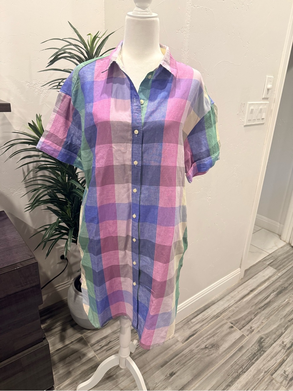GAP Multicolor Plaid Button-Down Shirt Dress in Pink, Blue & Green